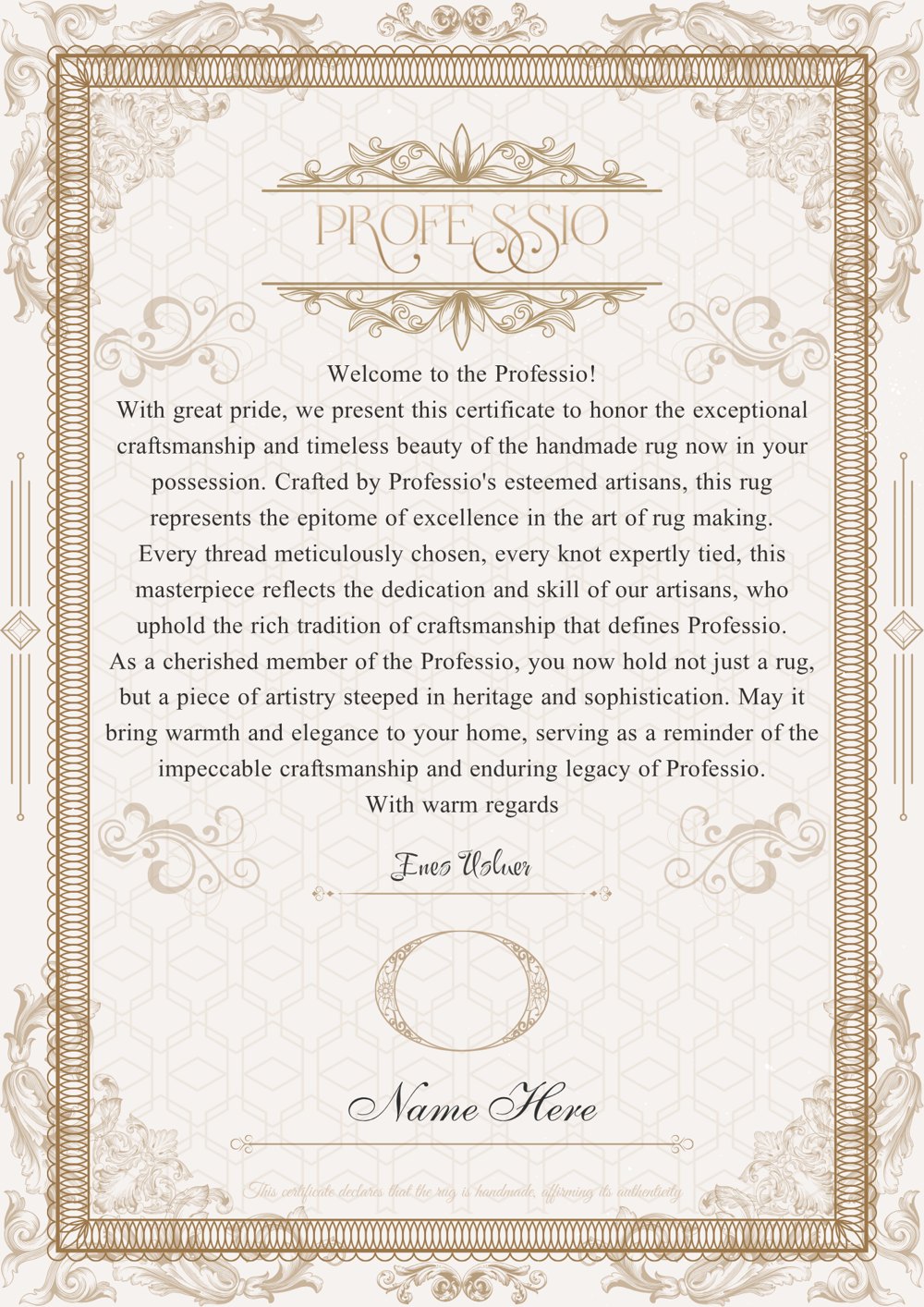 Professio certificate of handmade authenticity, signed